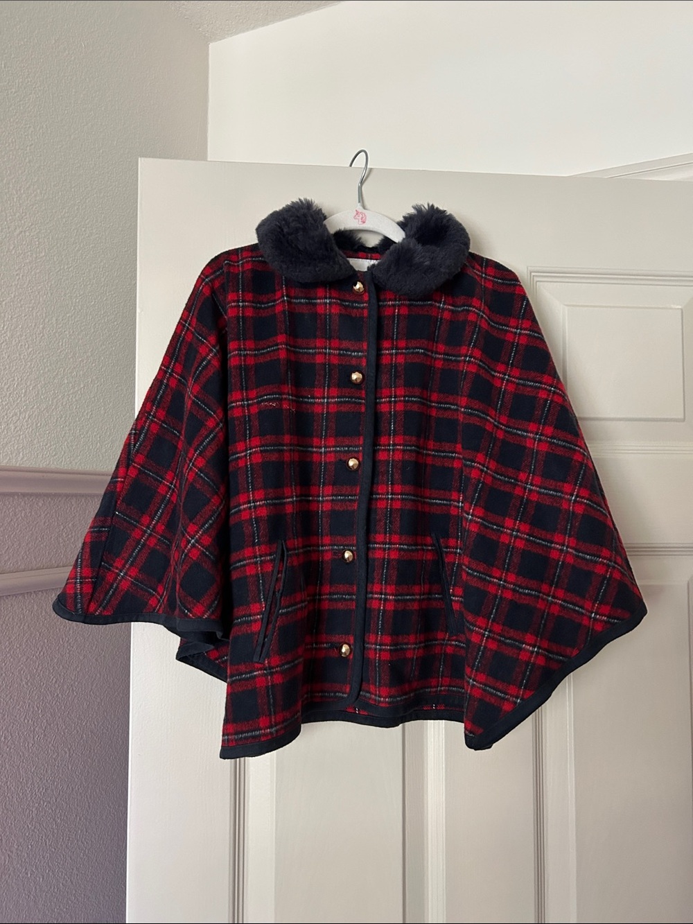 Janie and Jack Girls' Red & Black Plaid Cape Jacket with Faux Fur Collar
